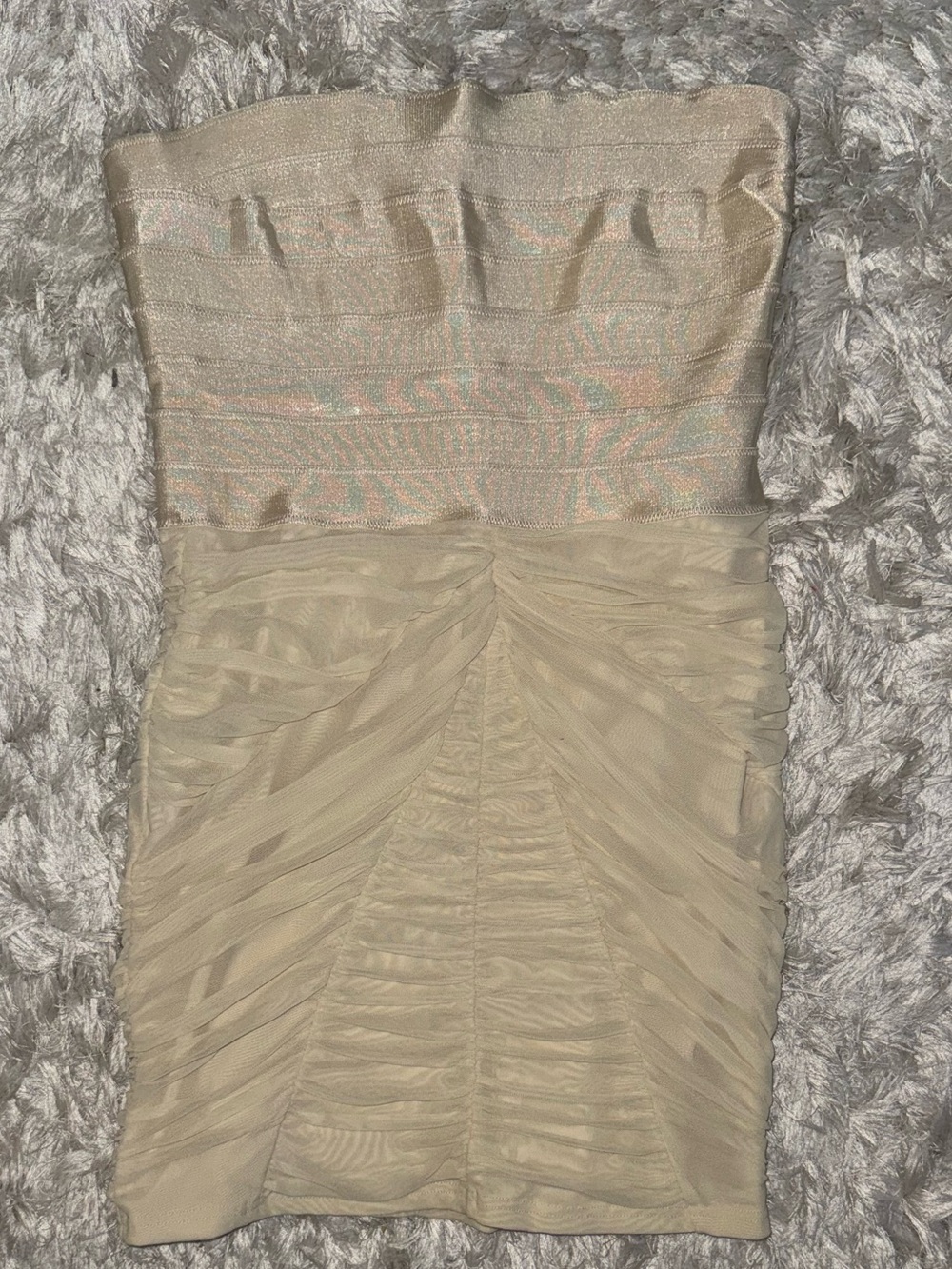 bebe Strapless bandaged Mini Dress in Cream with Gold Zipper